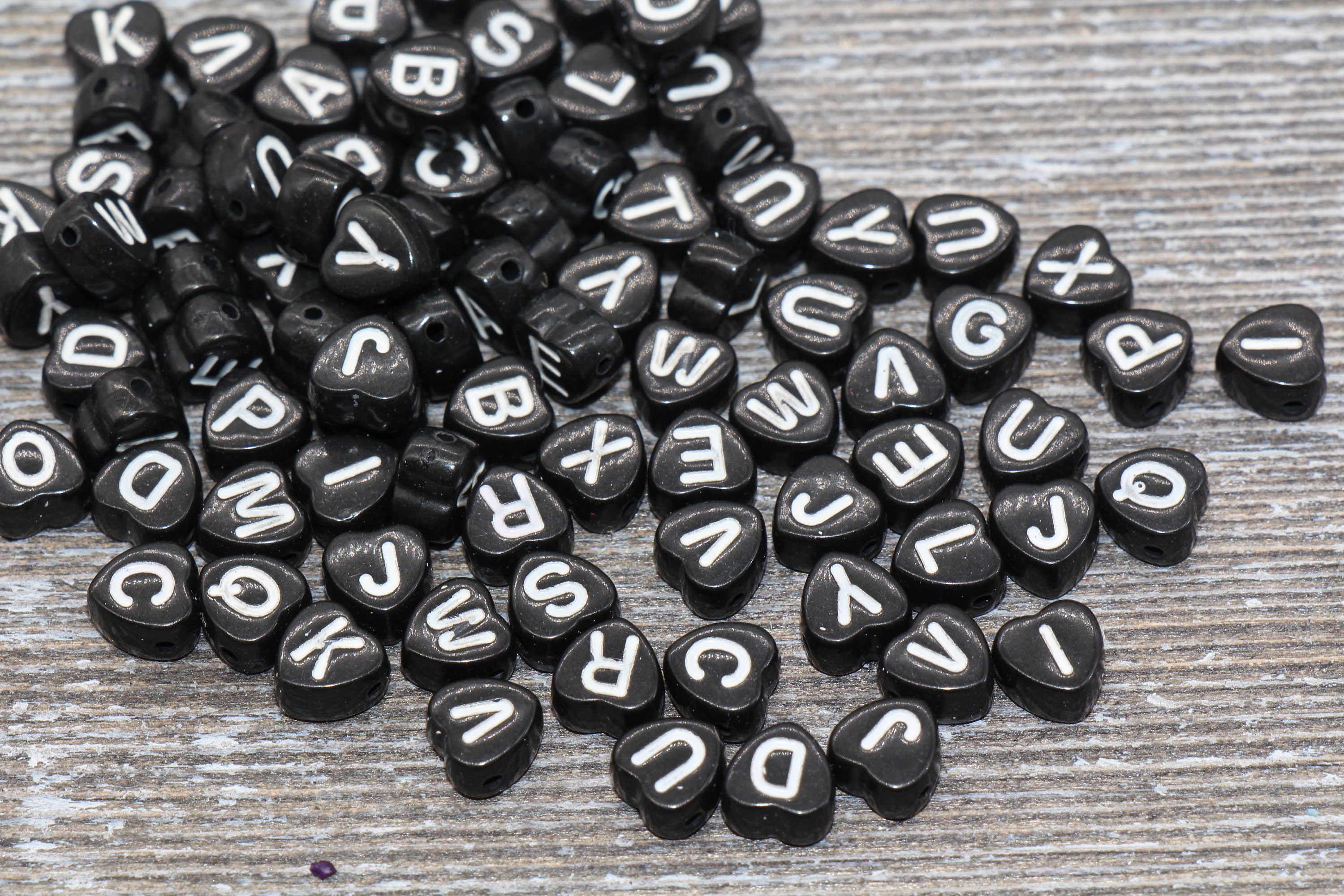 Black Heart Alphabet Letter Beads, Black and White Heart Letters