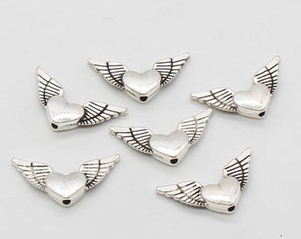 Antique Silver Finish 12mm Silver angel wing beads angel beads- PBF310 100Pc Small Winged Beads Silver wing beads Pewter