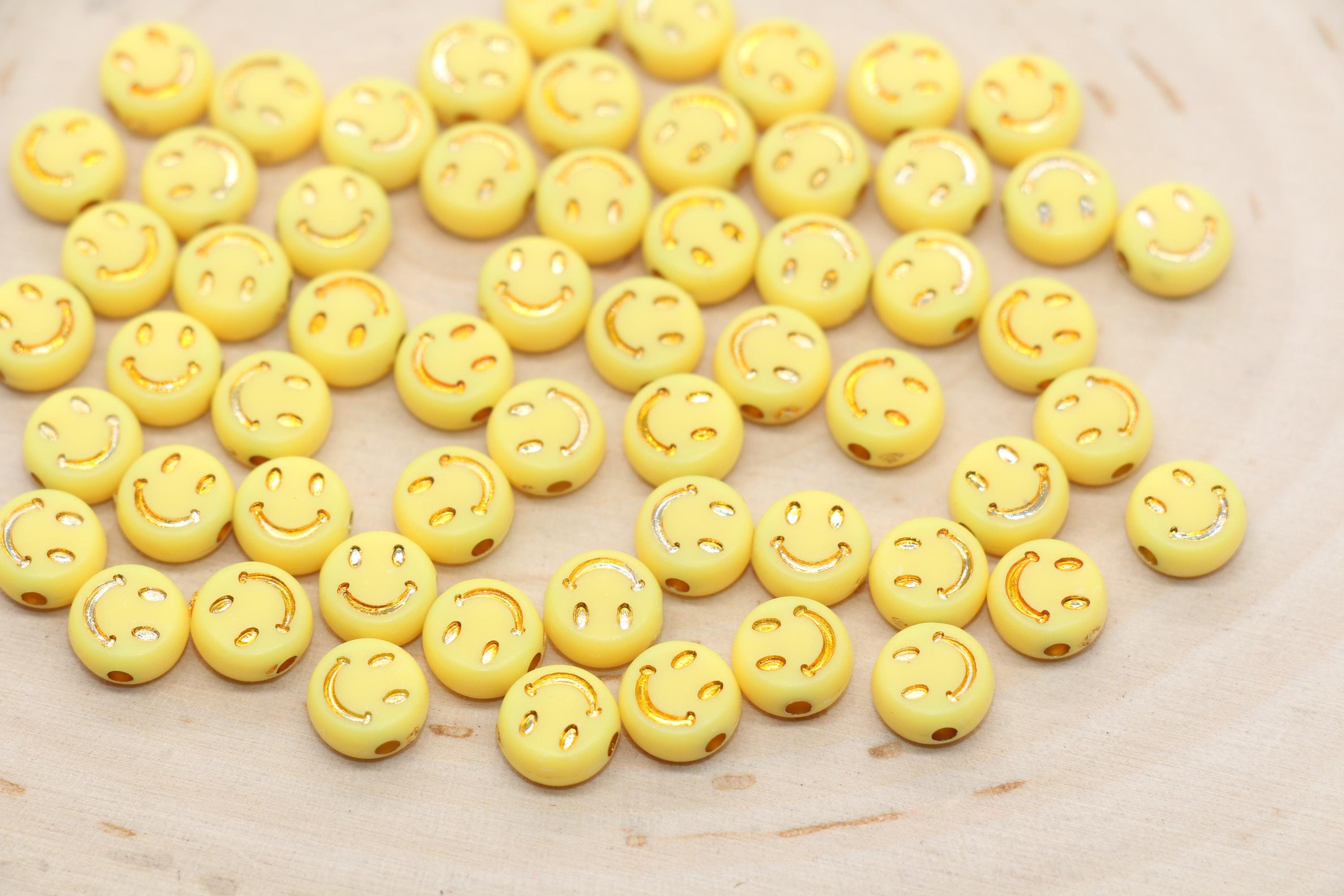 Smiley Face Round Beads, Yellow Beads With Gold Smiling Face Beads