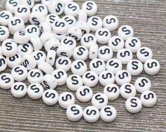 Letter S Alphabet Beads, White Alphabet Letter Beads, Acrylic White and Black Letters Beads, Round Acrylic Beads, Name Beads, Size 7mm