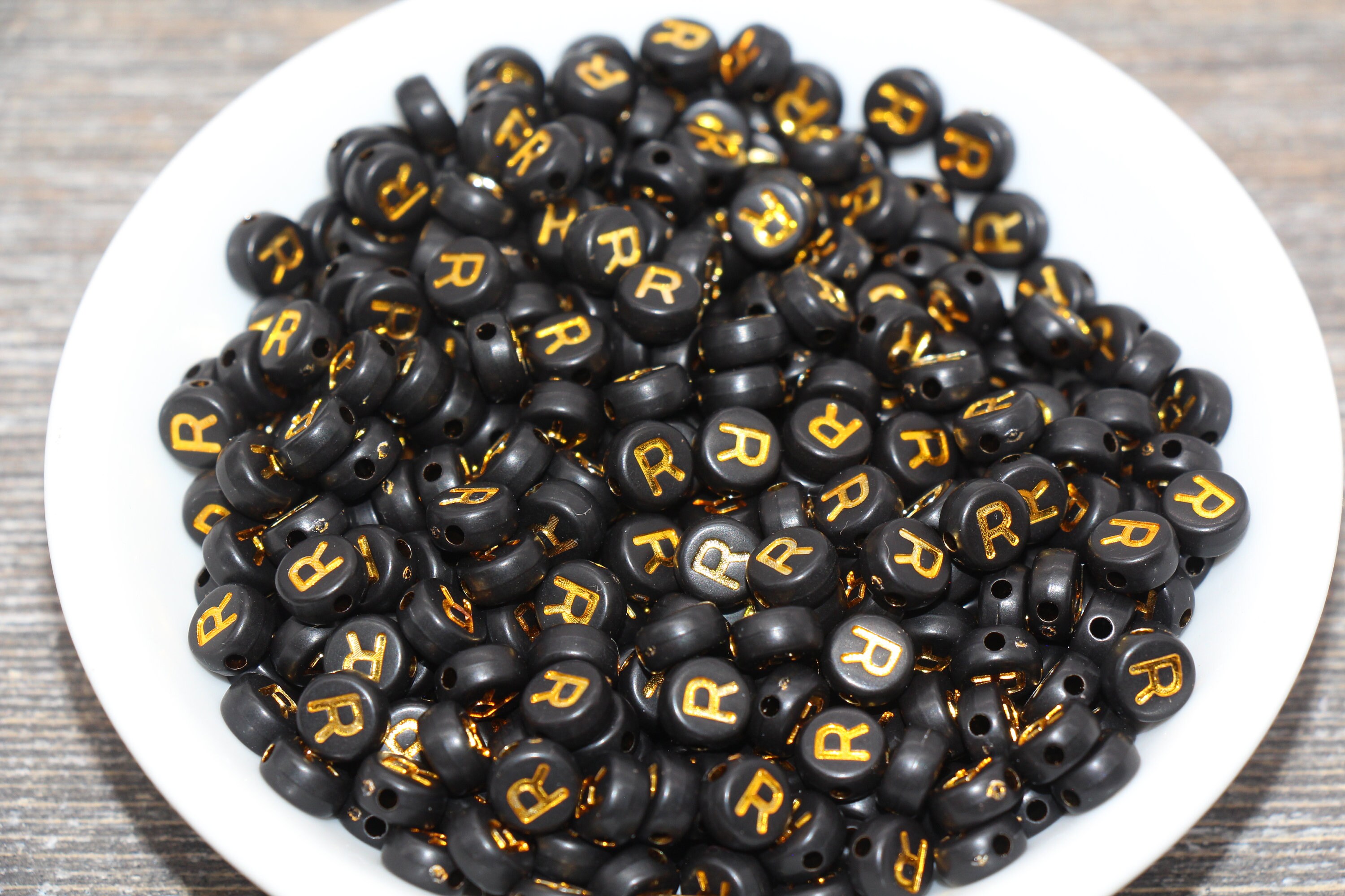 Letter R Beads Black With Gold Letter R Individual Letter | Etsy
