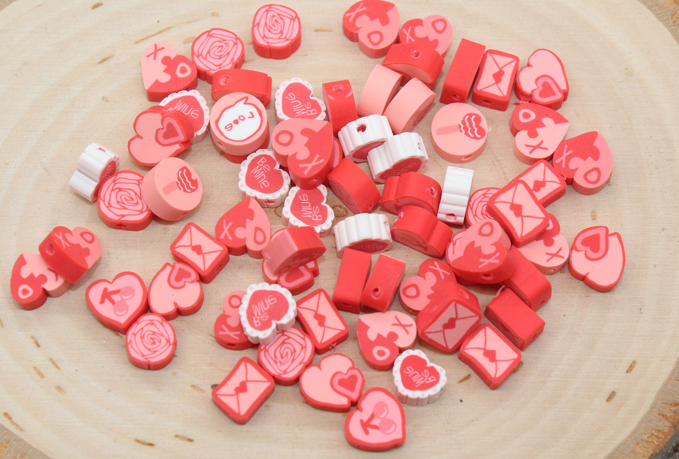Valentines Day Themed Polymer Clay Beads, Assorted Clay Round