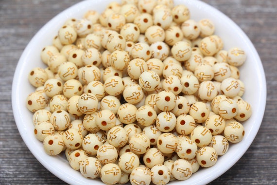 Gold Cross Round Beads, 8mm Cross Beads, Religious Bubblegum Beads, Chunky Gumball Beads for Jewelry Making, Kid Craft Supplies #338