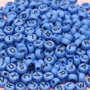 Blue Alphabet Letter Beads, Acrylic Blue and Black Letters Beads, Round Acrylic Beads, ABC Letter Beads, Name Beads 7mm #10