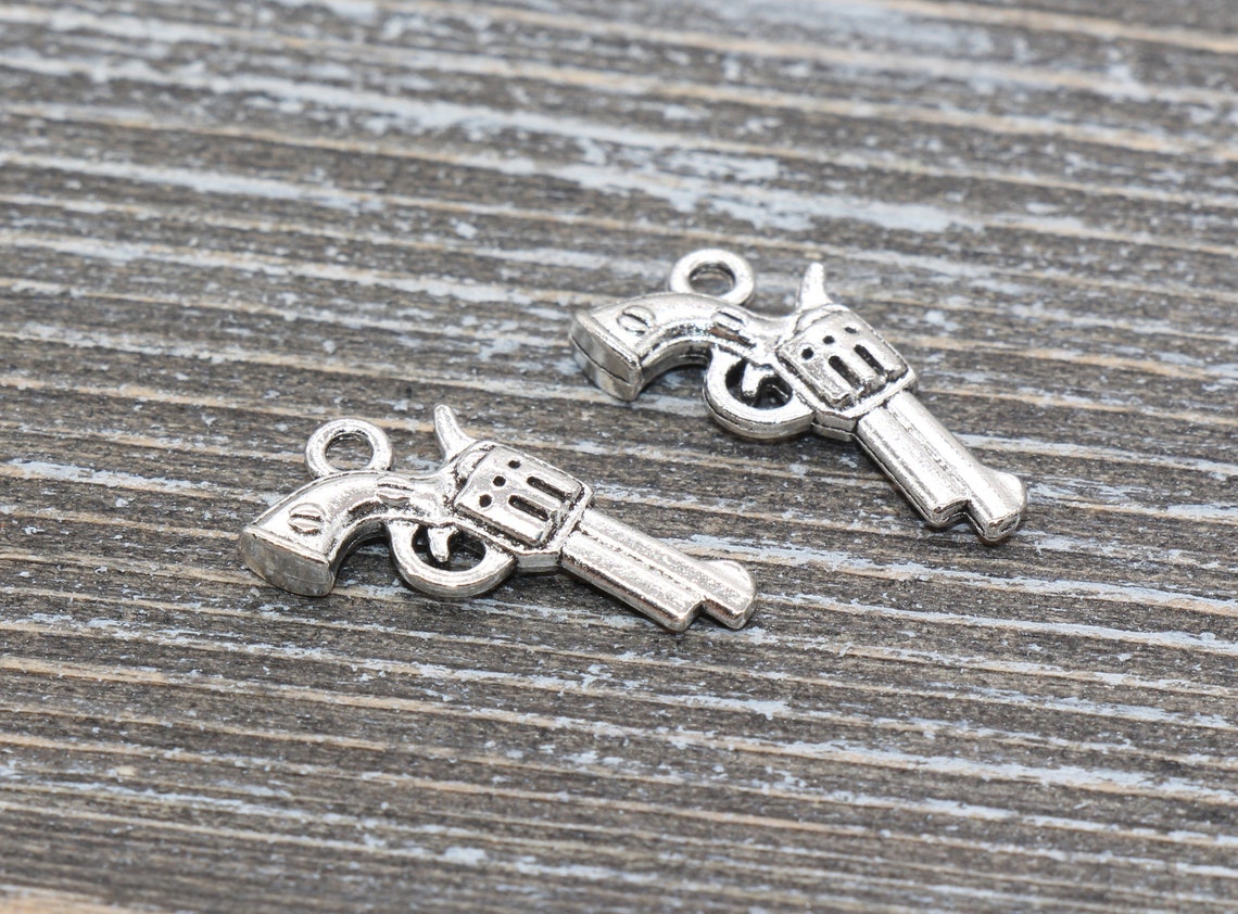 8 Gun Charms Handgun Charms Antique Silver Tone 2 Sided Etsy