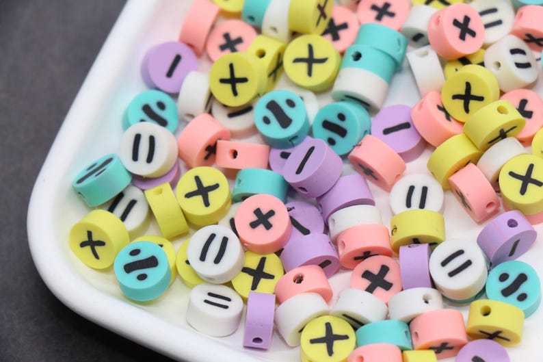 Pastel Math Symbol Polymer Clay Beads, Plus Minus Equal Beads Mix, Cute ...