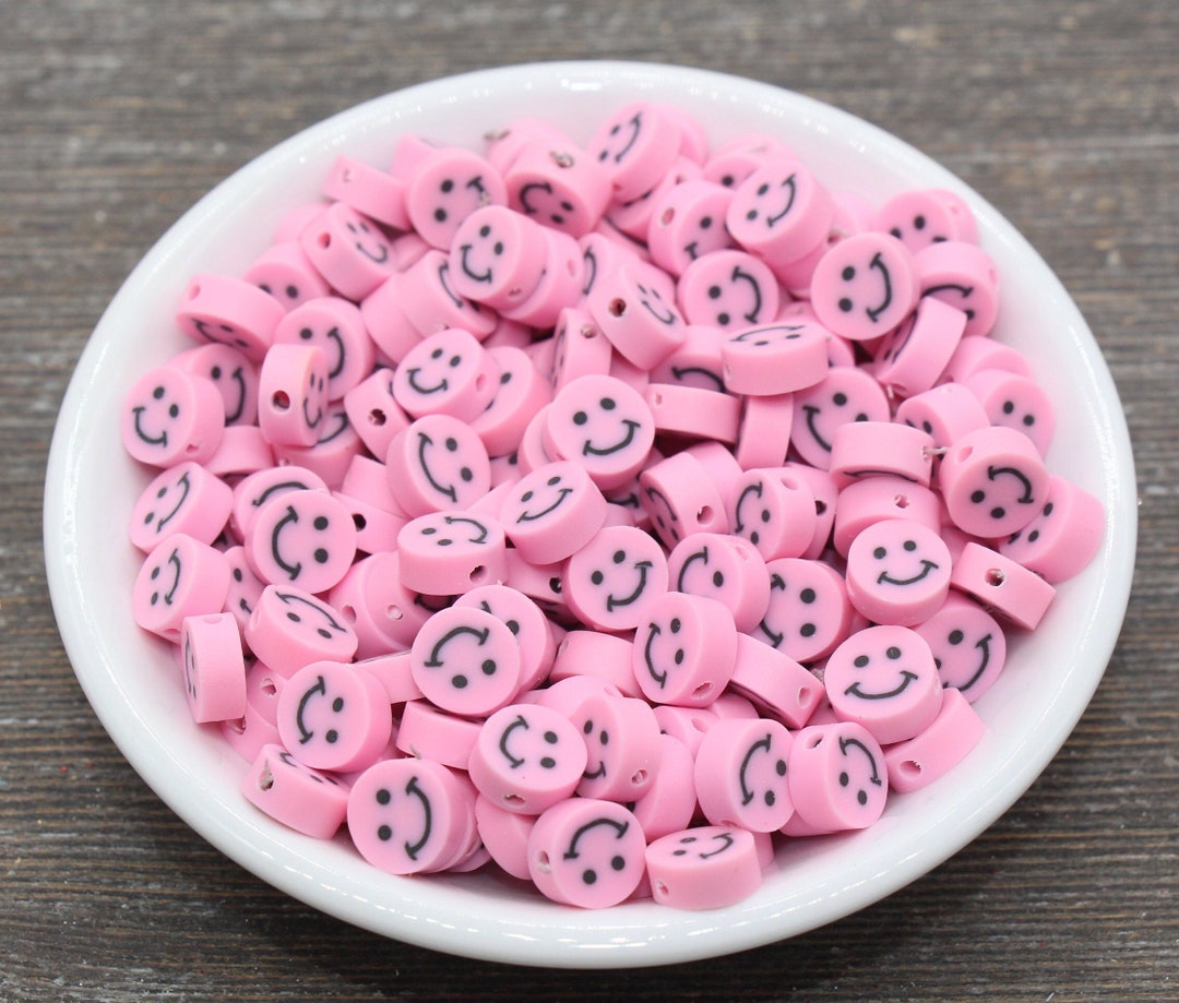 Pink Smiley Face Polymer Clay Beads, Smiley Face Fimo Cane Beads, Happy