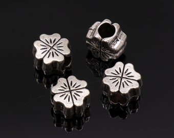 5 Flower Beads, Large Hole Beads, Antique Silver Tone - B63