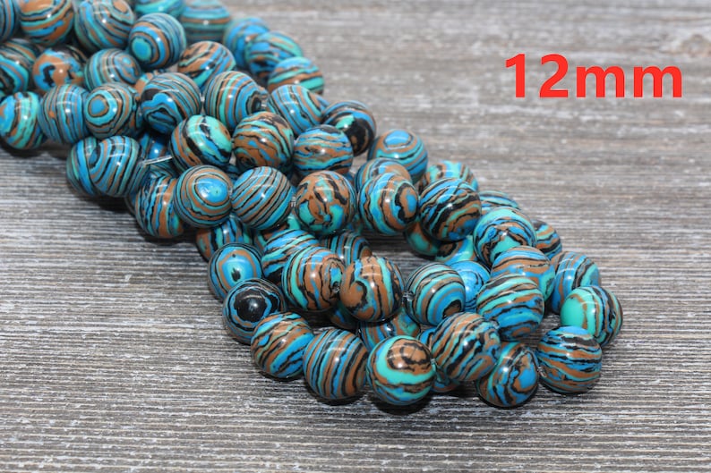 Peacock Stone Beads, Malachite Synthetic Beads, Smooth Gemstone Round Beads, Blue Brown and Black Beads, Size 4mm 6mm 8mm 10mm 12mm 98 12mm