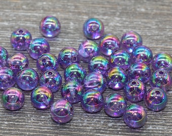 10mm Purple AB Round Beads, Iridescent Acrylic Gumball Beads, Transparent Round Spacer Beads, Bubblegum Beads, Plastic Round Bead #939