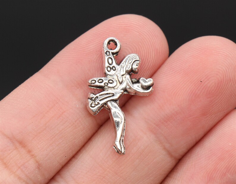 YD2413 Bulk 50 Pcs Fairy with Heart Charms Antique Silver Tone 24x15mm