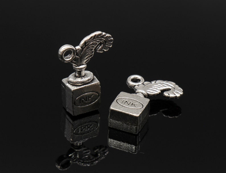 Bulk 20 Quill and Ink Bottle Charms Pen Charms Antique Silver Tone 3D 14x20mm YD1696