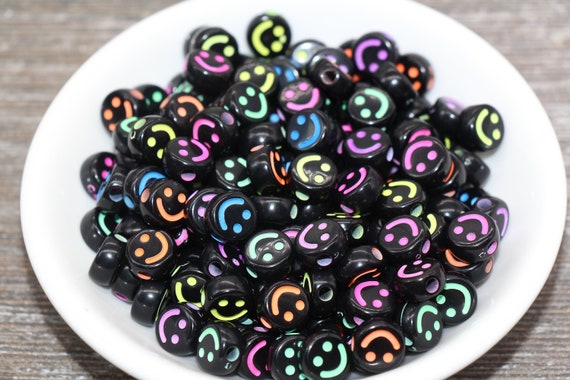 10mm Black Multicolored Smiley Face Round Beads, Multicolored