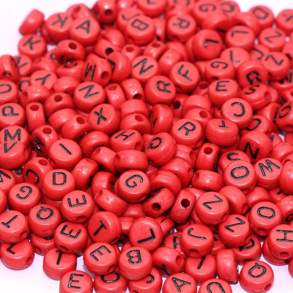 Red Alphabet Letter Beads, Acrylic Red and Black Letters Beads, Round Acrylic Beads, ABC Letter Beads, Name Beads 7mm #45