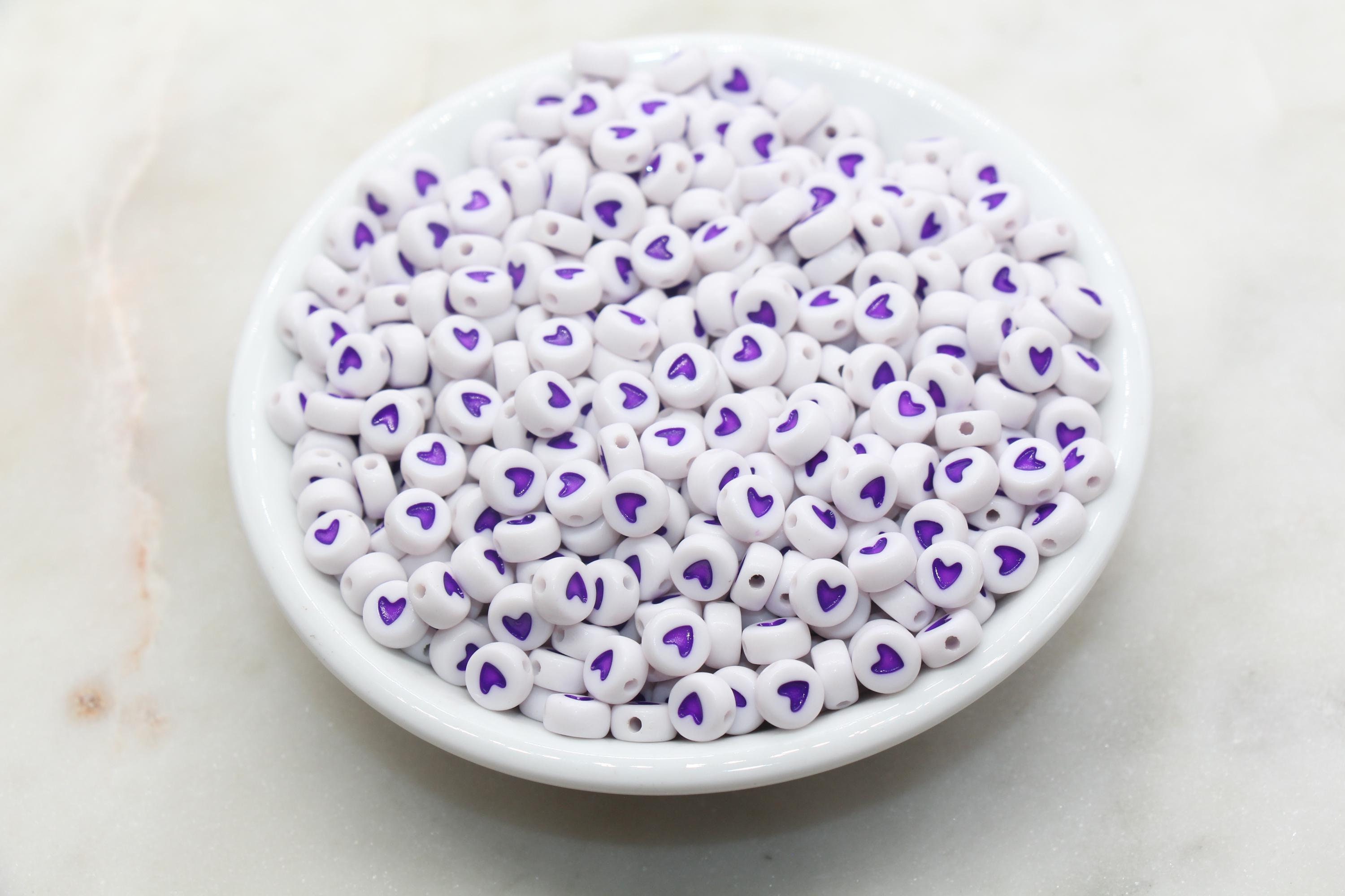 Purple Heart Beads, White Beads with Purple Hearts, Acrylic Heart Symbol Beads, Beads for Bracelets, Size 7mm #1592