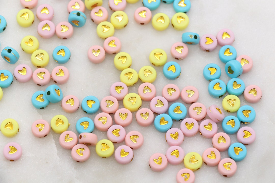 Gold Heart Beads, Acrylic Multicolor Beads With Gold Hearts, Mix Plastic Heart Beads, Acrylic ...