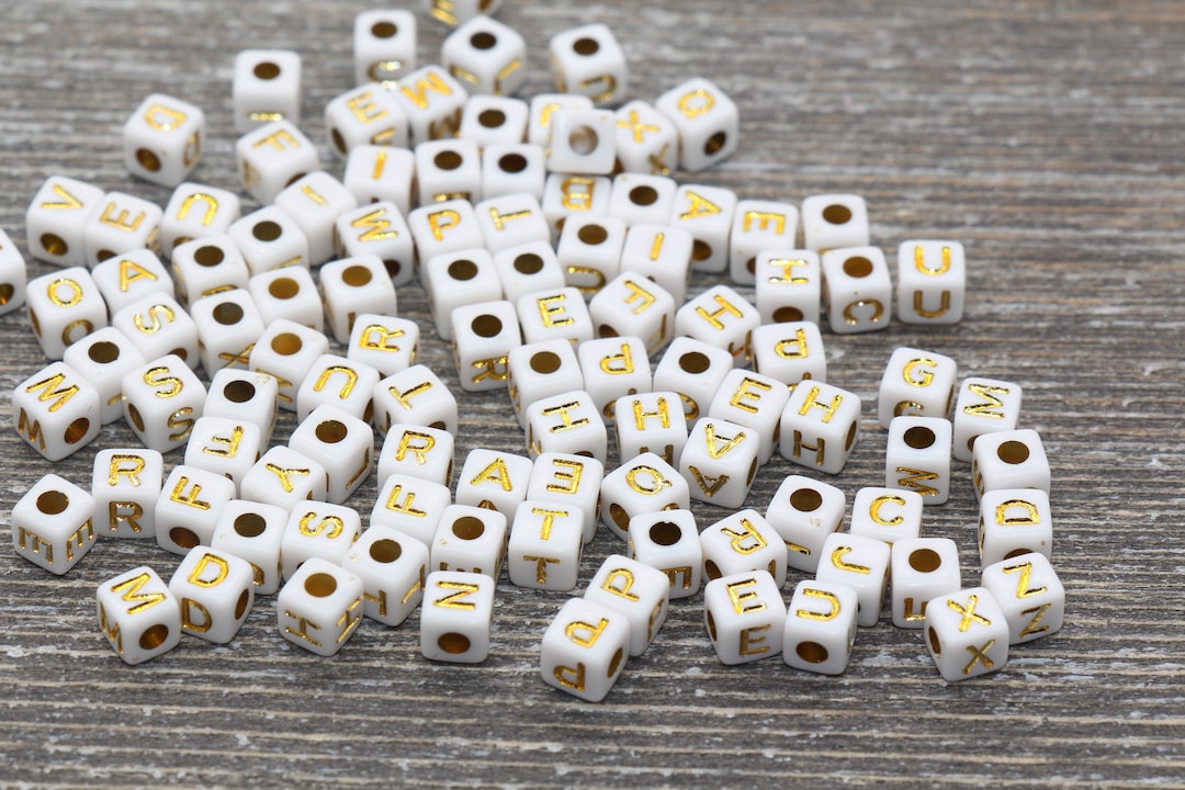 500 Pcs Acrylic Alphabet Letter Beads Gold On White Name Small, Gold,White