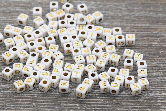 White and Gold Cube Alphabet Letter Beads, Gold Acrylic Letter