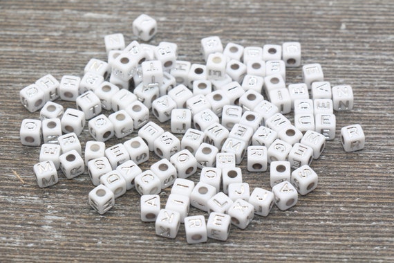 White and Silver Cube Alphabet Letter Beads, Silver Acrylic Letter