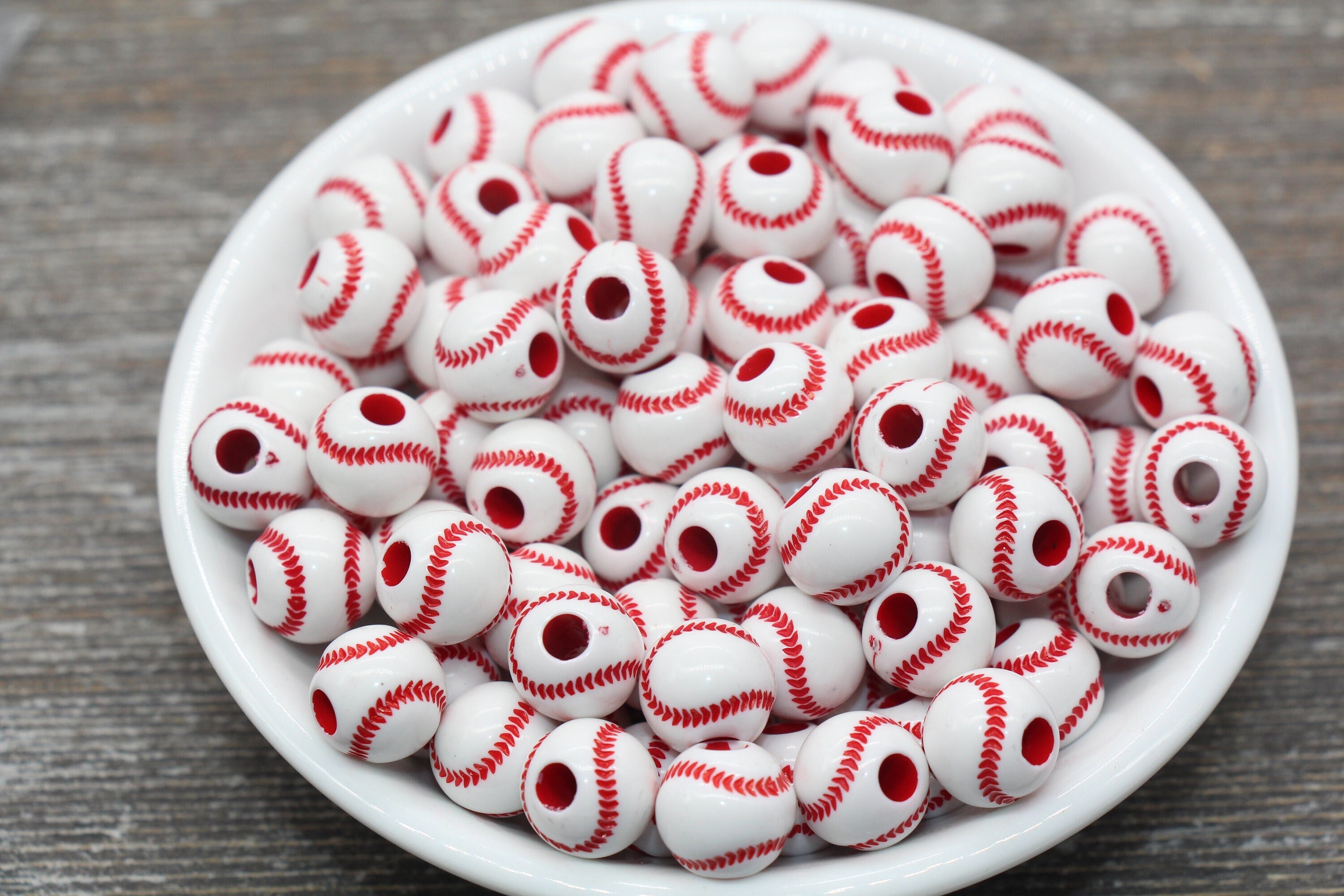 24 Pcs Baseball Shaped Beads White Red Round Beads Kids Sports