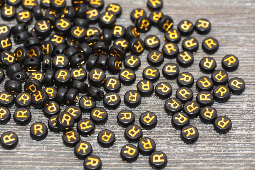 Letter R Beads, Black With Gold Letter R, Individual Letter, Single ...