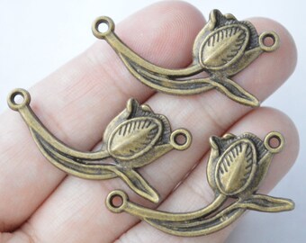 3 Pcs Flower Connector Charms Antique Bronze Tone 36x20mm - YD050