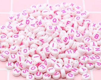 Pink Alphabet Letter Beads, Acrylic White and Pink Letters Beads, Round Acrylic Beads, Plastic Round Letter Beads, 7mm #84