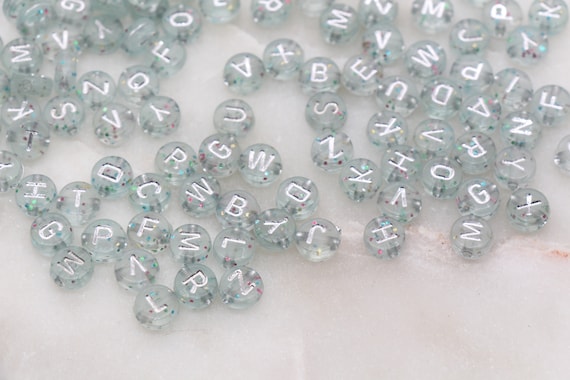 300 Round White Acrylic Letter Beads with Silver Letters 10mm or 3/8 Inch  with 2.1mm Hole
