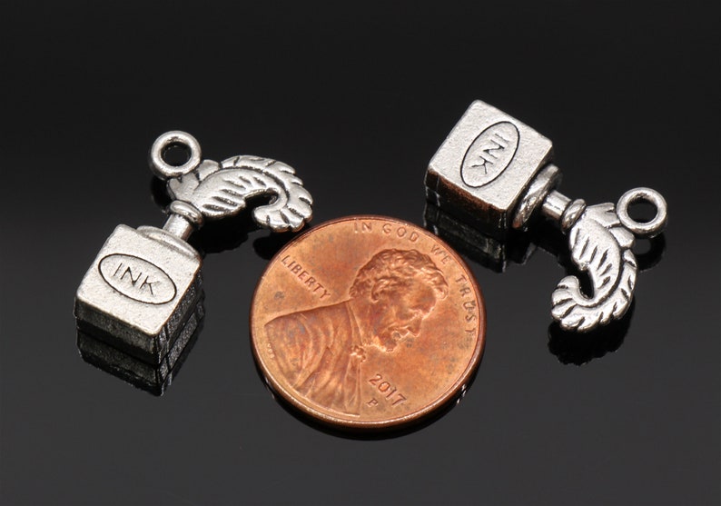 Bulk 20 Quill and Ink Bottle Charms Pen Charms Antique Silver Tone 3D 14x20mm YD1696
