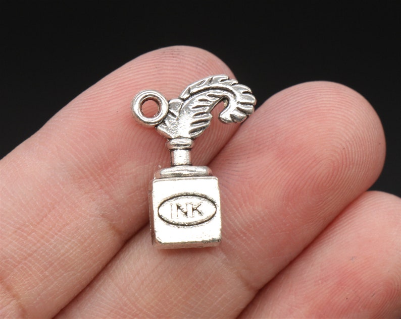 Bulk 20 Quill and Ink Bottle Charms Pen Charms Antique Silver Tone 3D 14x20mm YD1696