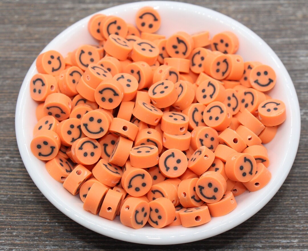 Orange Smiley Face Polymer Clay Beads, Smiley Face Fimo Cane Beads