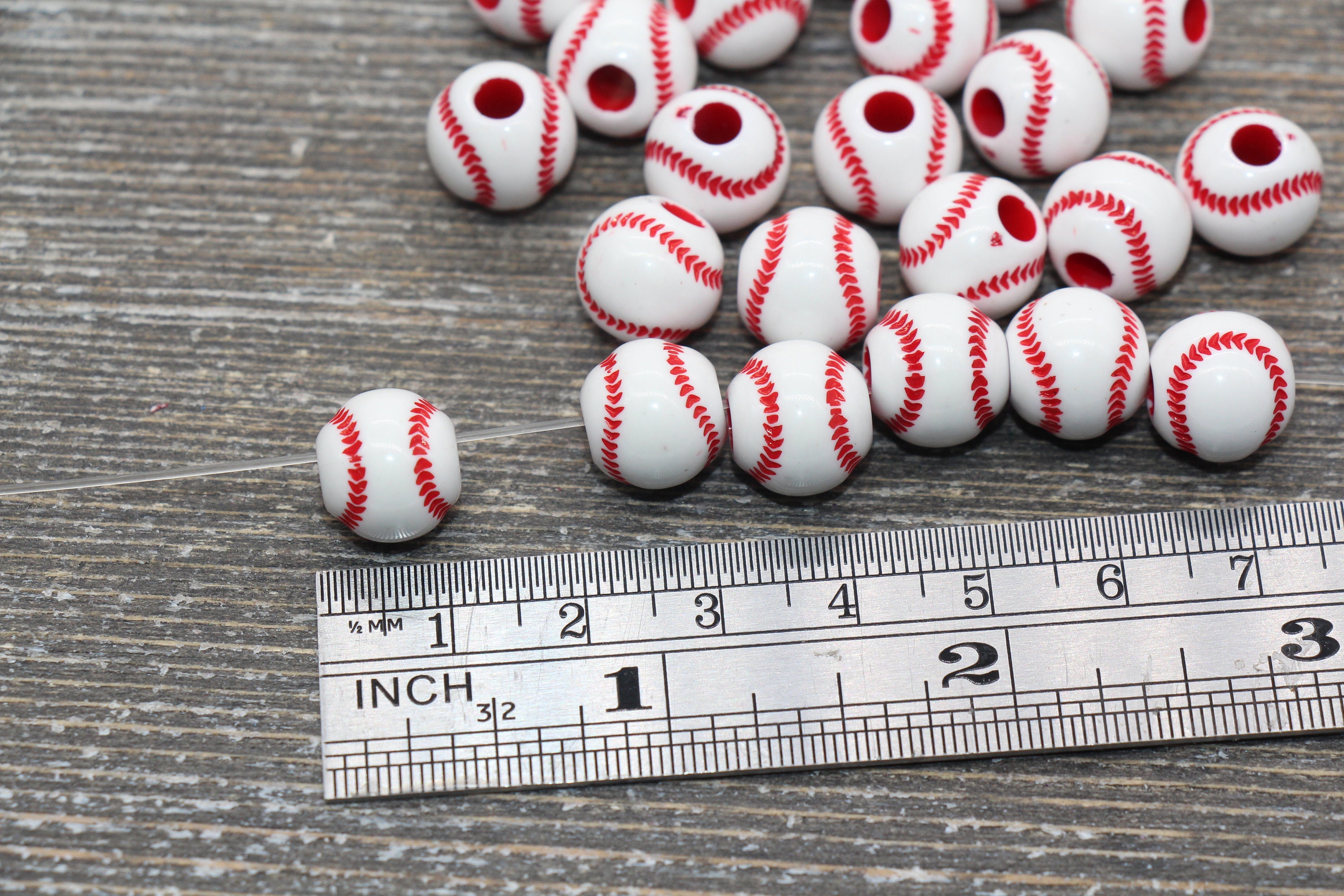 24 Pcs Baseball Shaped Beads White Red Round Beads Kids Sports