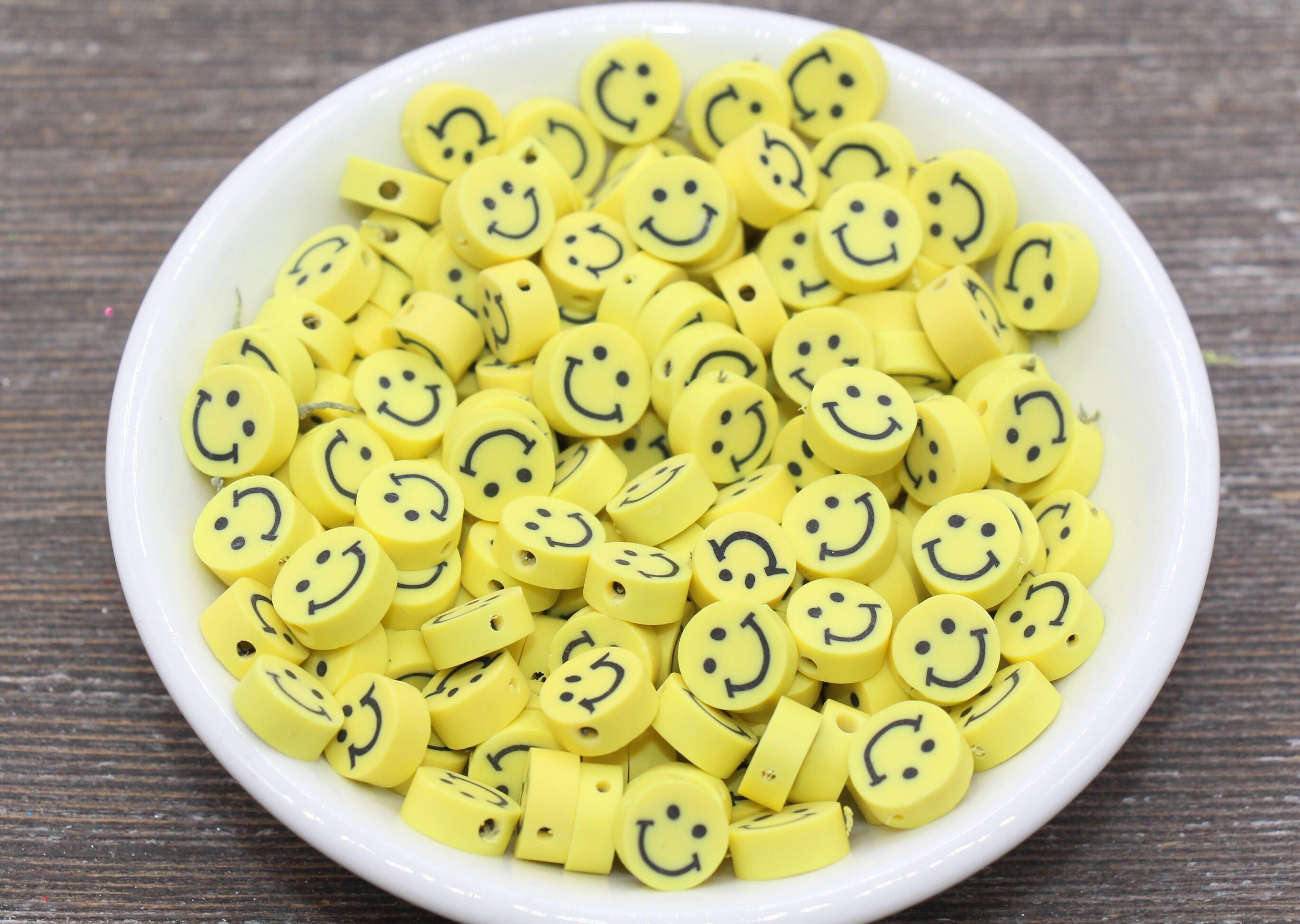Yellow Smiley Face Polymer Clay Beads, Smiley Face Fimo Cane Beads