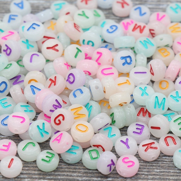 Glow in Dark Alphabet Letter Beads, Multicolored Letters Plastic Round Beads, Acrylic round Beads, Name Beads Size 7mm #730