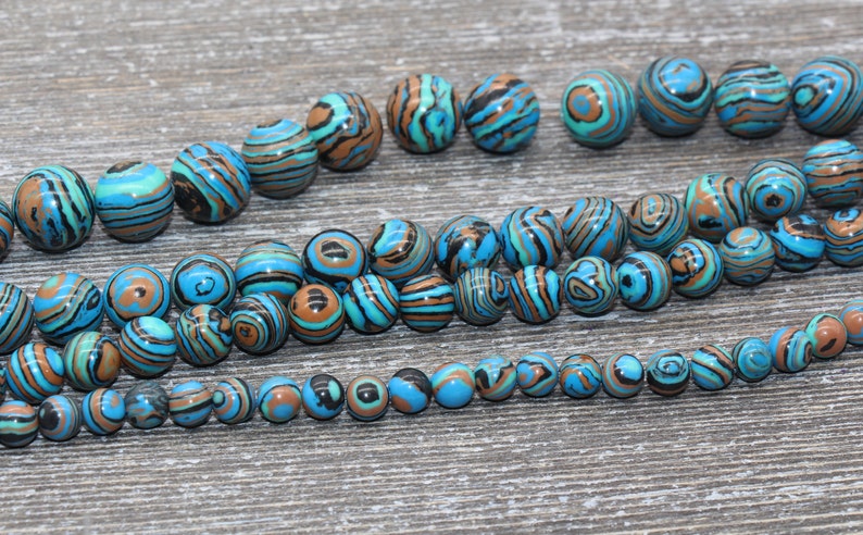 Peacock Stone Beads, Malachite Synthetic Beads, Smooth Gemstone Round Beads, Blue Brown and Black Beads, Size 4mm 6mm 8mm 10mm 12mm 98 image 2