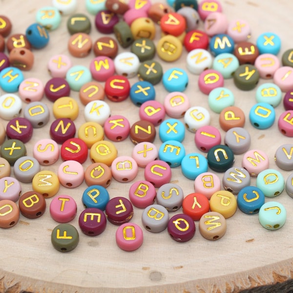 7mm Gold Alphabet Letter Beads | Multicolor Acrylic Round Name Initial Beads for Bracelets #203