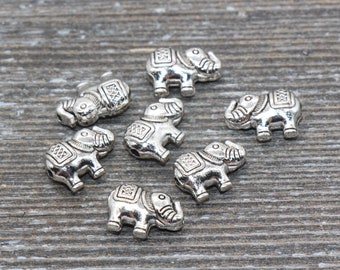 8 Elephant Beads, Silver Elephant Spacer Beads Antique Silver Tone 2 Sided- B14