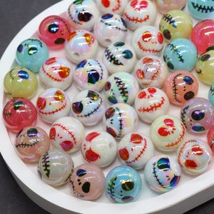Jack Skellington Print Beads 16mm, Iridescent Halloween Beads for Bracelets, Beads for Pens, Craft Supplies for Halloween