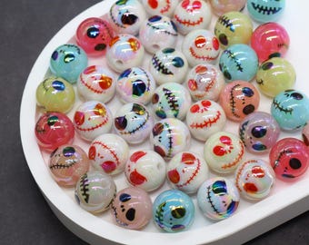 Jack Skellington Print Beads 16mm, Iridescent Halloween Beads for Bracelets, Beads for Pens, Craft Supplies for Halloween