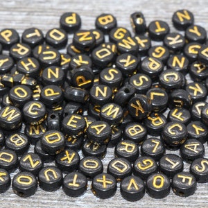 Alphabet Letter Acrylic Beads, Round Acrylic Beads, Plastic Letter Beads, Name Bracelet Beads, ABC Letter Beads, Name Beads, Name Inital 7mm #3 Black and Gold