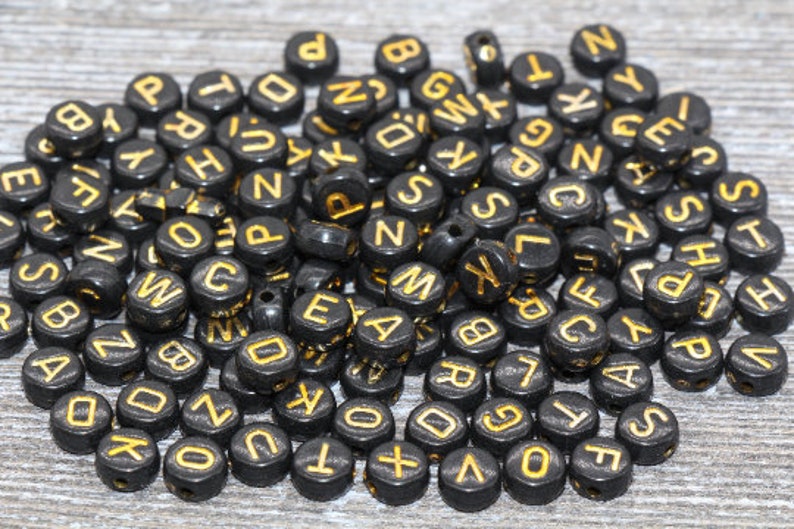 Alphabet Letter Acrylic Beads, Round Acrylic Beads, Plastic Letter Beads, Name Bracelet Beads, ABC Letter Beads, Name Beads, Name Inital 7mm #3 Black and Gold