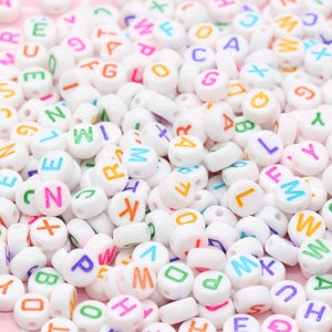 Alphabet Letter Acrylic Beads, Round Acrylic Beads, Plastic Letter Beads, Name Bracelet Beads, ABC Letter Beads, Name Beads, Name Inital 7mm #8 White Multicolor