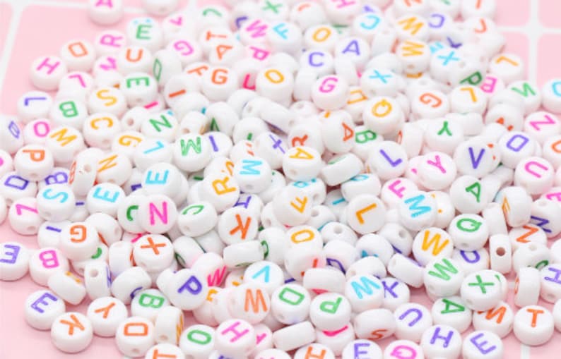 Alphabet Letter Acrylic Beads, Round Acrylic Beads, Plastic Letter Beads, Name Bracelet Beads, ABC Letter Beads, Name Beads, Name Inital 7mm #8 White Multicolor