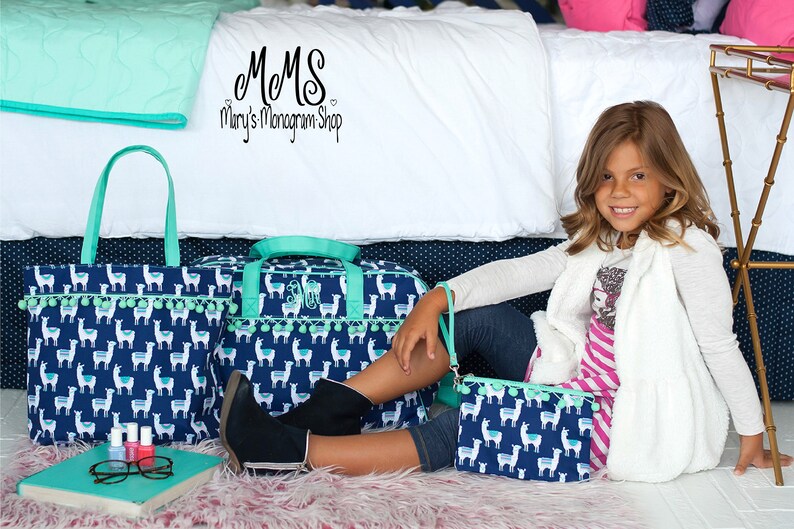 Carry On Monogrammed Llama Duffel Girls Toiletry Pouch Girls Overnight Bag Personalized Girls Duffel Bag Personalized Tote Bag