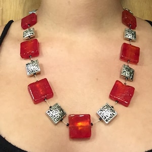 The Rita. Red glass and silver filigree beaded necklace// statement// chunky// bold
