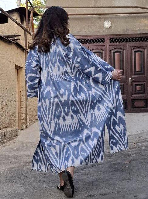 Handwoven Uzbek Ikat Chapan ,coat ,robe,kaftan ,jacket. Hand-dyed, hand loomed natural cotton/silk organic ikat from Uzbekistan.