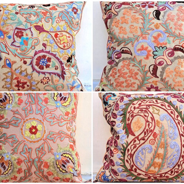 A set of 4 Hand embroidered Suzani Pillow, Suzani cushion, Decorative Pillow, pillow case, Handmade Suzani Pillow Cover from Uzbekistan