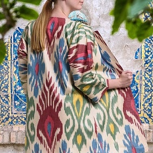 Handwoven Uzbek Ikat Chapan ,coat ,robe, kaftan ,jacket. Hand-dyed, hand loomed natural cotton/silk organic ikat from Uzbekistan