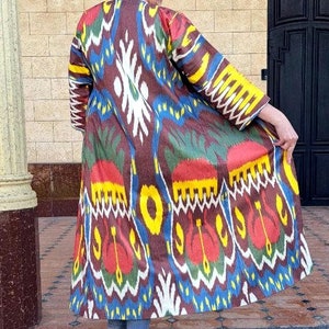 Handwoven Uzbek Ikat Chapan ,coat ,robe,kaftan ,jacket. Hand-dyed, hand loomed natural cotton/silk organic ikat from Uzbekistan.