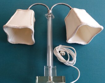 Clear Glass /& Silver 2-Light Dual Desk or Table Lamp and Silk Shades Antique Vintage 1940s